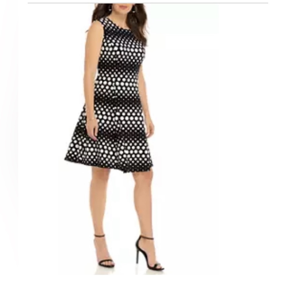 Sandra Darren Black and White Polka Dot Fit-and-Flare Dress